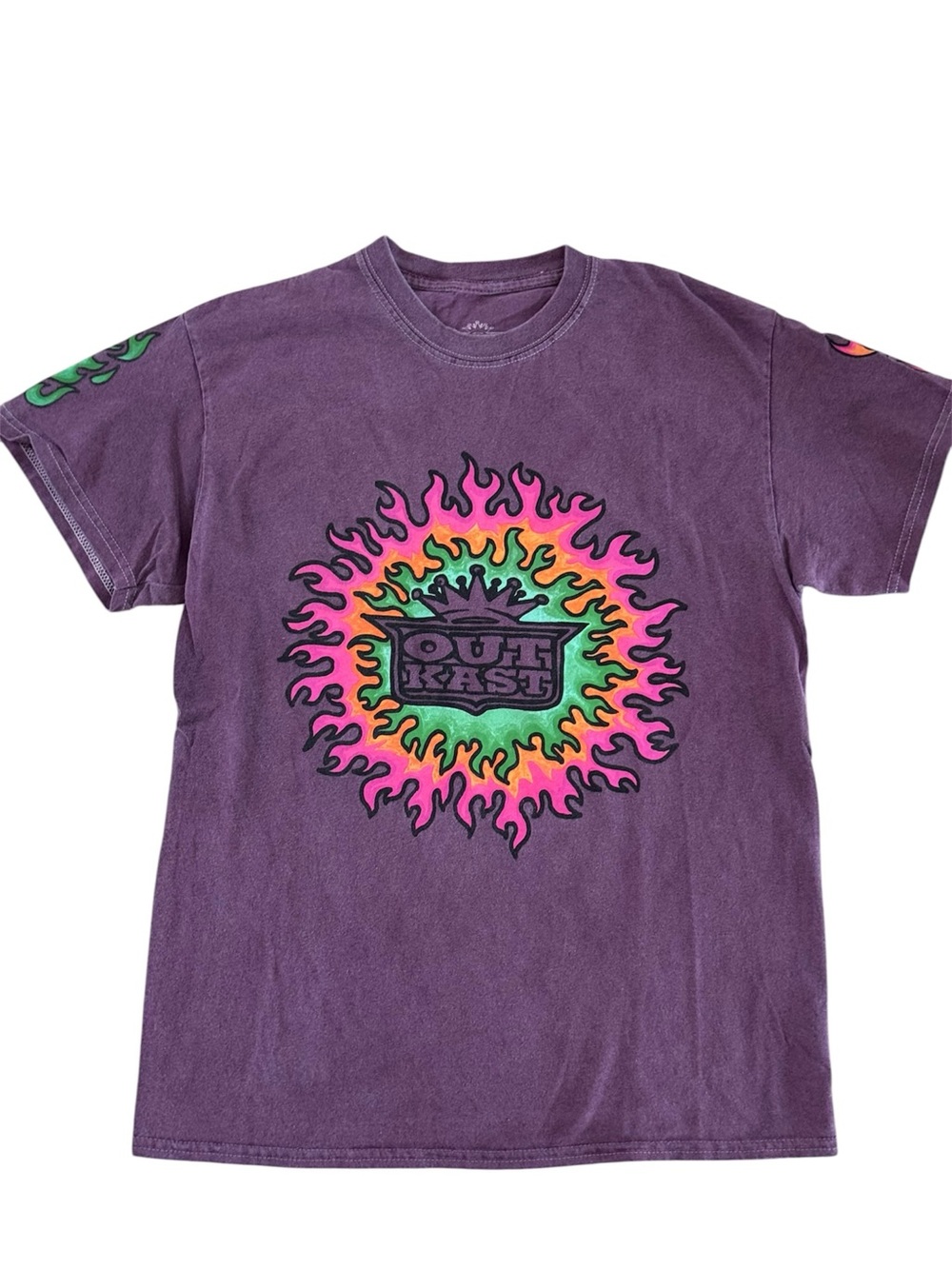 OutKast Graphic T-Shirt Flame Logo Andre 3000 Lyrics Purple Washed Size Small